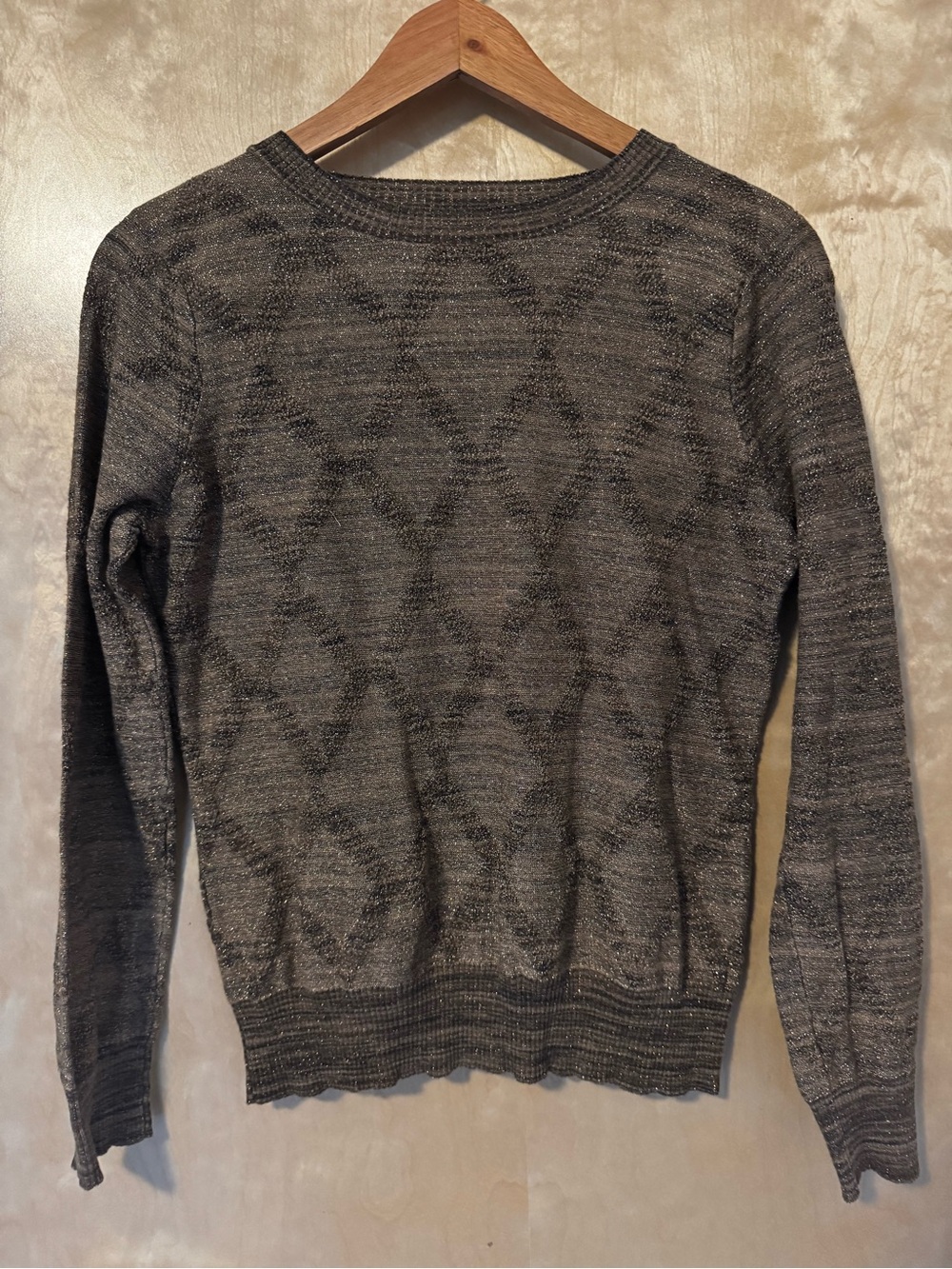 Joe Fresh Women's Gold and Black Diamond-Pattern Crewneck Sweater